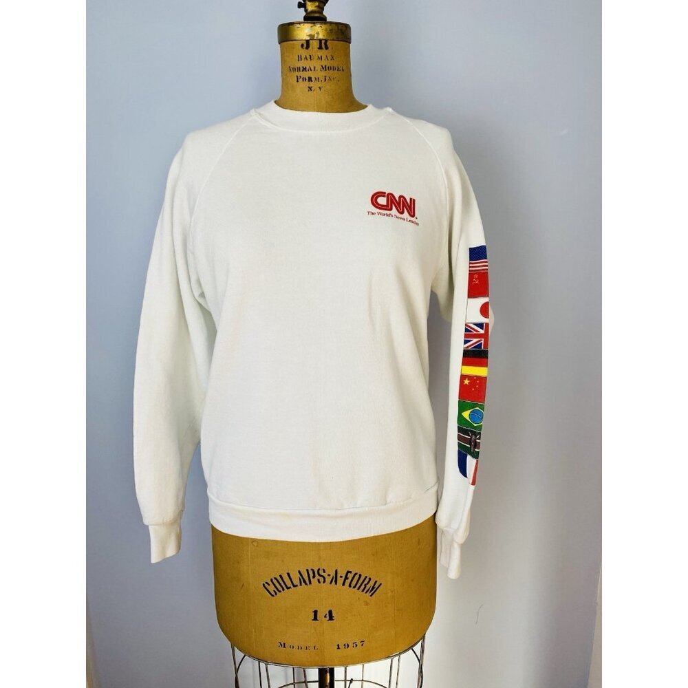Vintage CNN Crewneck Sweatshirt Flag Sleeve Mens Large Cable News Cotton 90s USA